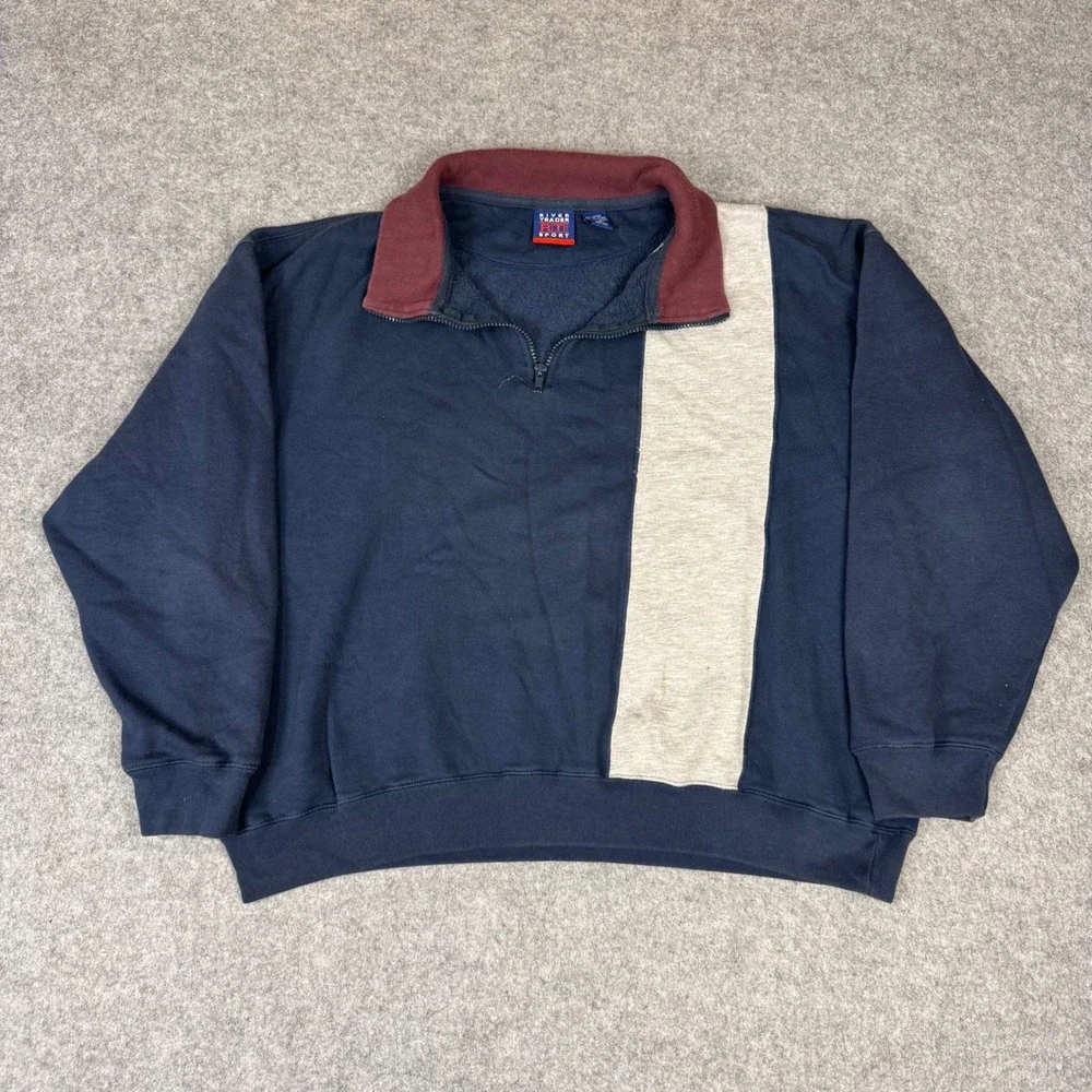 River Trader Sport Mens XL Quarter Zip Sweatshirt Navy Blue Colorblock Vintage